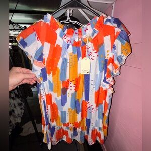 JODIFL Abstract Brushstroke Ruffle Sleeve Top - Orange, Blue, White NWT 🧡